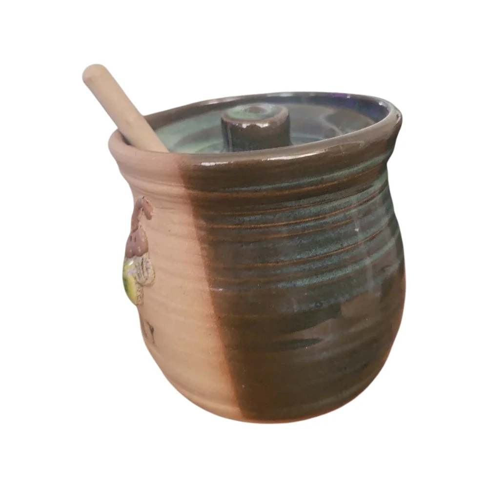 Artisan Handmade Stoneware Pottery Bee Honey Pot & Dipper